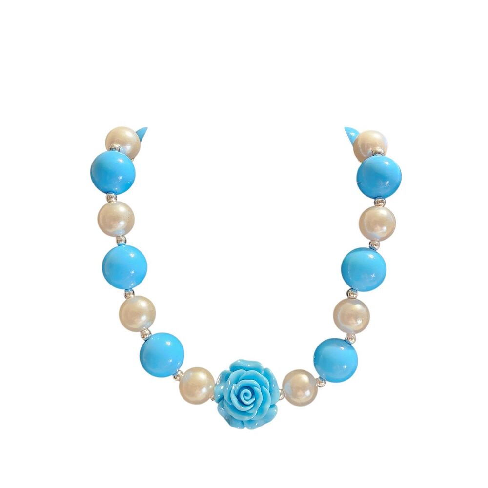Bubblegum Necklace Turquoise Blue & White Large Beads w Flower 17" Heart Toggle